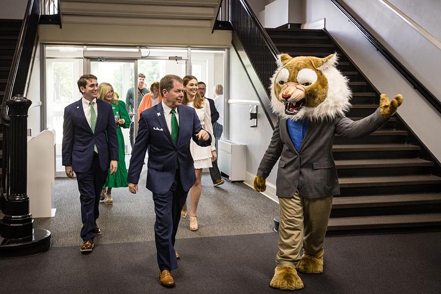 Bobby Bearcat escorted the Tatum family into the Administration Building as Dr. Lance Tatum began his first day as Northwest's president. (Photo by Lauren Adams/Northwest Missouri State University)